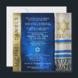 Bar Mitzvah Gebet Shawl Einladung<br><div class="desc">Passen Sie diese goldene und blaue Bar Mitzvah-Einladung mit einem Gebetshawl in Blau und Star of David an.</div>