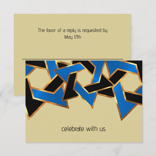 Bar Mitzvah Gold Blue Black Star von David Einladung (Vorne/Hinten)