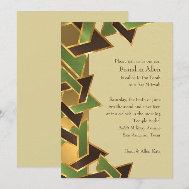 Bar Mitzvah Gold Green Brown Star von David Einladung (Vorne/Hinten)