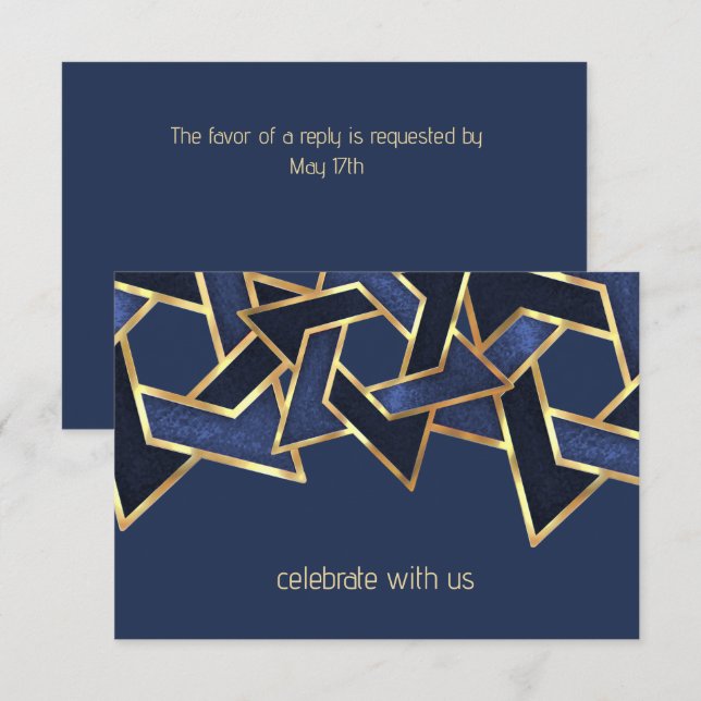 Bar Mitzvah Gold Navy Blue Star von David Einladung (Vorne/Hinten)
