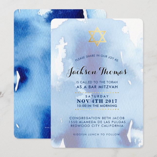 BAR MITZVAH goldfarbene, blaue Aquarellfarbe einla Einladung (Vorne/Hinten)