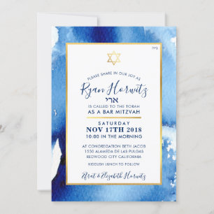 BAR MITZVAH Goldstar Blue Aquarell laden RYAN ein Einladung