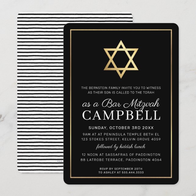BAR MITZVAH Goldstar, modern und Schwarz-weiß Einladung (Vorne/Hinten)