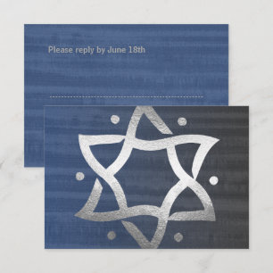 Bar Mitzvah Gray and Blue Wooden Silver Star UAWG RSVP Karte