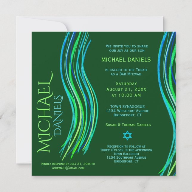 Bar Mitzvah Green Prayer Shawl Invitation (Devant)