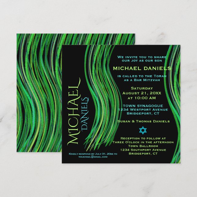 Bar Mitzvah Green und Schwarzes Gebet Shawl Einladung (Vorne/Hinten)