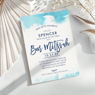 BAR MITZVAH handgeschriebene aqua Wasserfarbe hebr Einladung