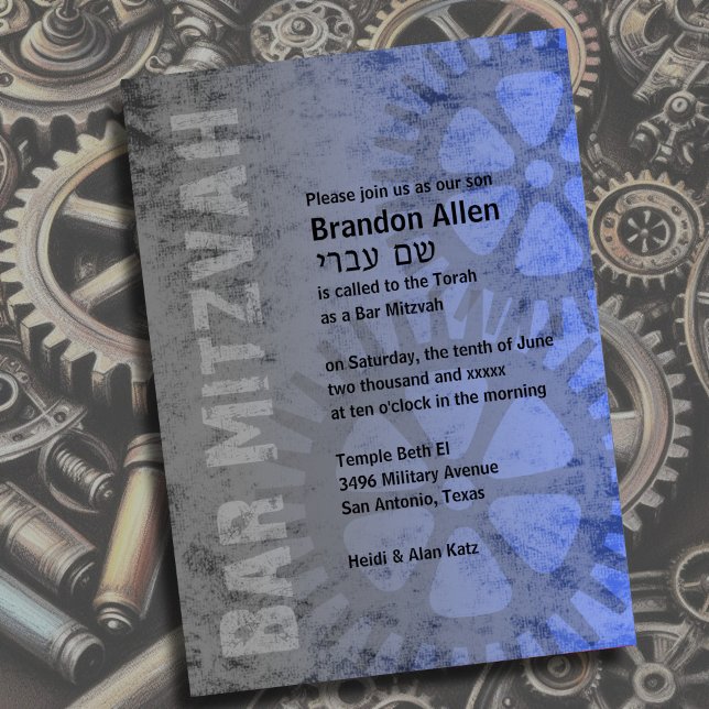 Bar Mitzvah Industrial Grunge Blue Einladung (Von Creator hochgeladen)