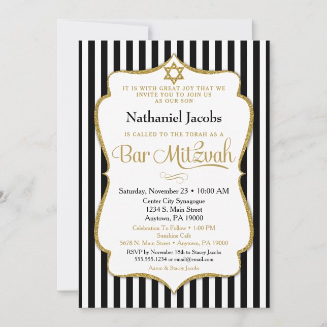 Bar Mitzvah Invitation Black Gold Elegant Stripe (Devant)