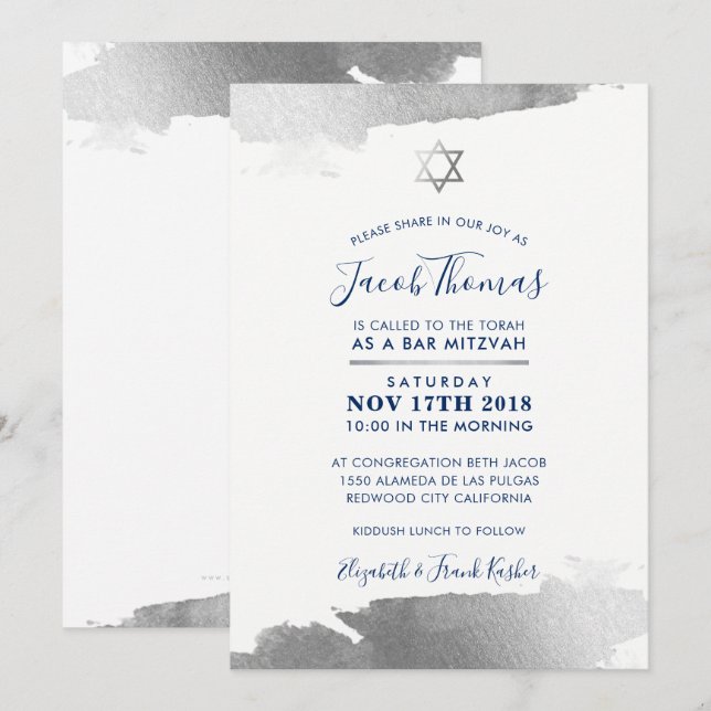 BAR MITZVAH INVITATION moderne doré argent marine  (Devant / Derrière)
