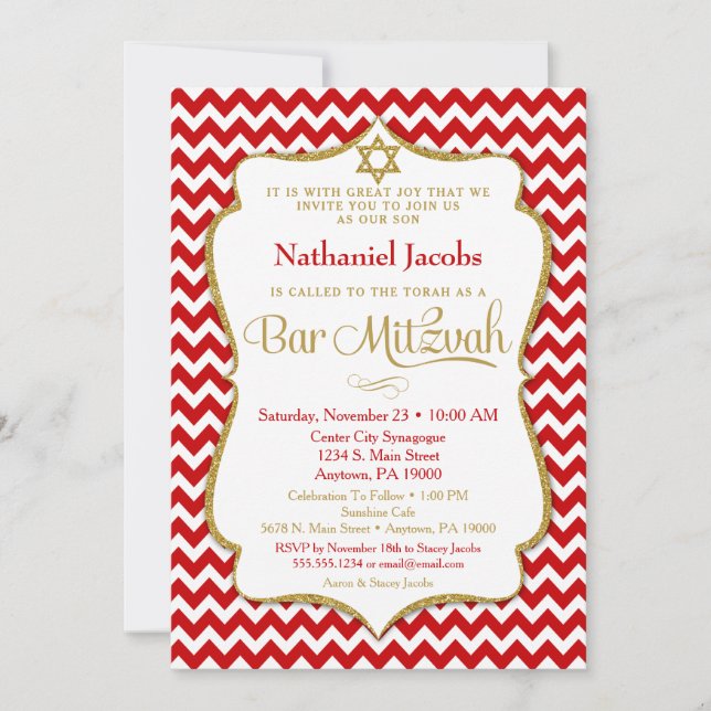 Bar Mitzvah Invitation Red Gold Elegant Chevron (Devant)