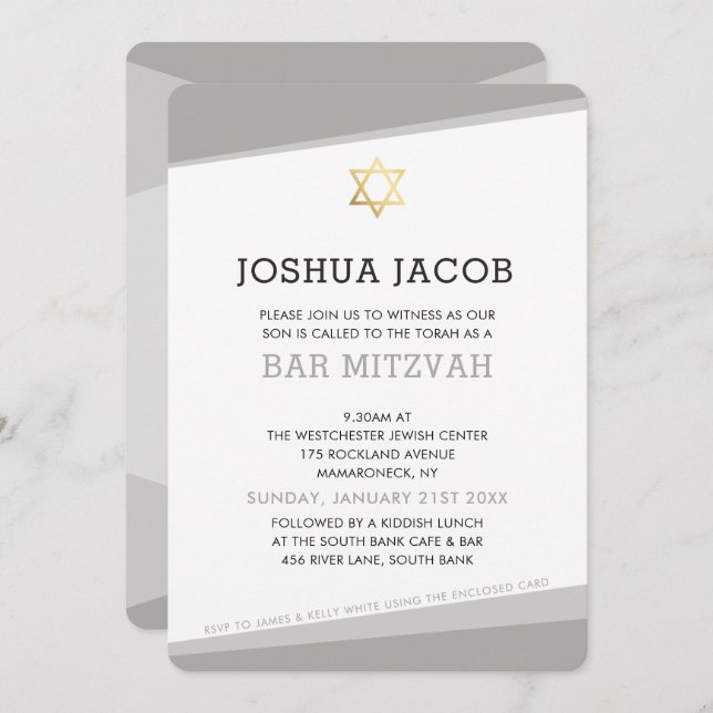 BAR MITZVAH INVITATION simple moderne cool gris  (Devant / Derrière)