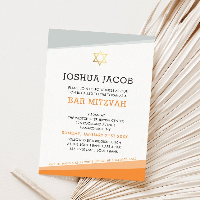 BAR MITZVAH INVITATION simple moderne orange gris  (Créateur téléchargé)
