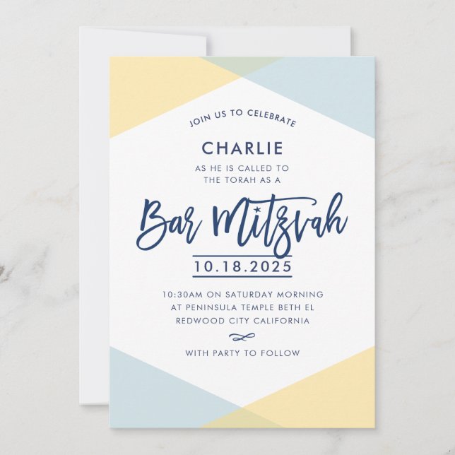 BAR MITZVAH INVITE, handschriftlich, blau gelb Einladung (Vorderseite)