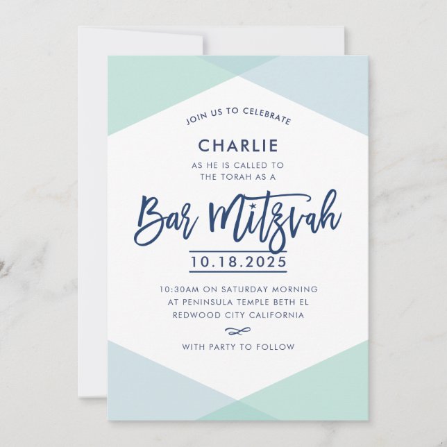 BAR MITZVAH INVITE handsignierte blaue Minze aus M Einladung (Vorderseite)