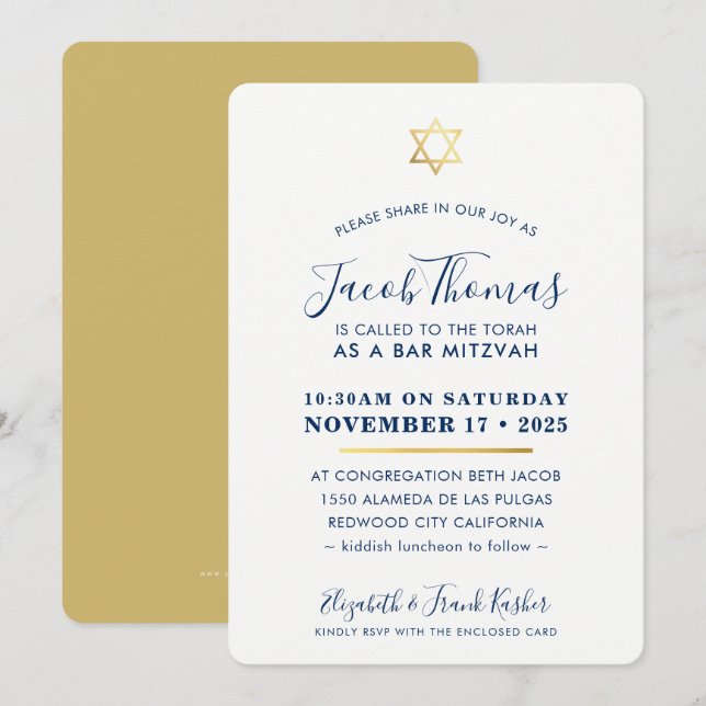BAR MITZVAH INVITE Moderne Goldmedaille Blau Einladung (Vorne/Hinten)