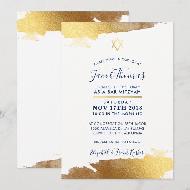 BAR MITZVAH INVITE Moderne Goldmedaille Blau Einladung (Vorne/Hinten)