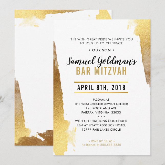 BAR MITZVAH INVITE Moderne luxuriöse Goldgrenze Einladung (Vorne/Hinten)