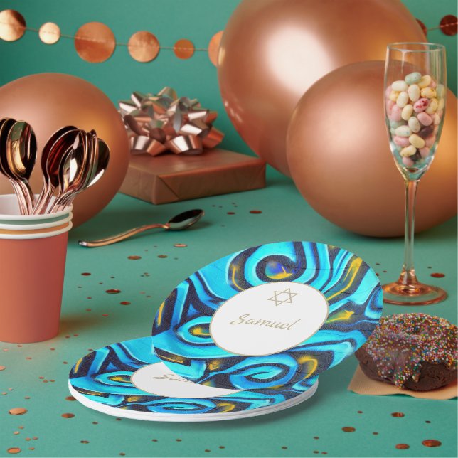 Bar Mitzvah Jewish Modern Blue Pattern Pappteller (Multi)