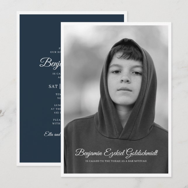 Bar Mitzvah| Klassisches und einfaches Foto Einladung (Vorne/Hinten)