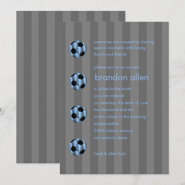 Bar Mitzvah Light Blue und Black Soccer Ball Einladung (Vorne/Hinten)