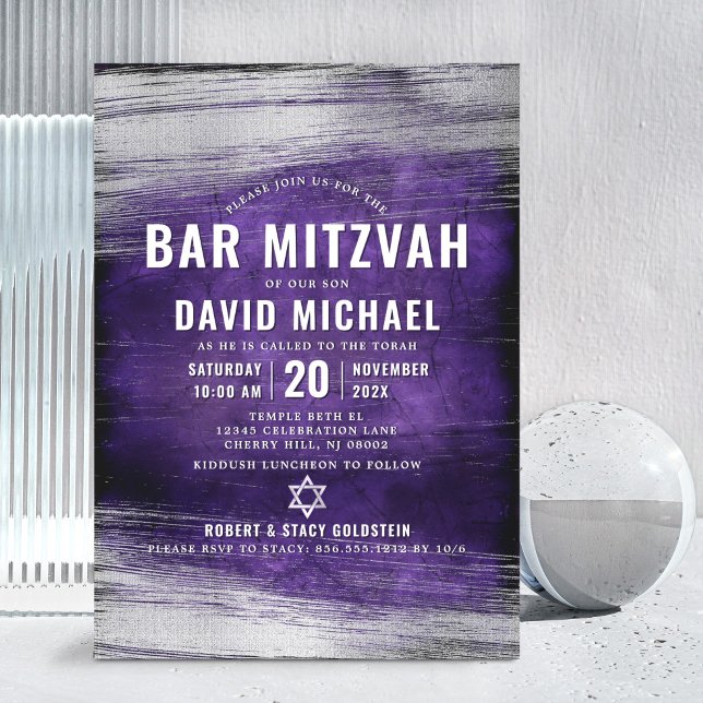 Bar Mitzvah Lila Silberfolie Bold Moderne Einladung (Von Creator hochgeladen)