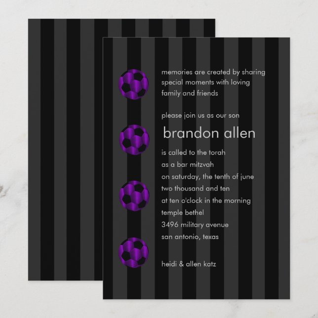 Bar Mitzvah Lila und Black Soccer Ball Einladung (Vorne/Hinten)
