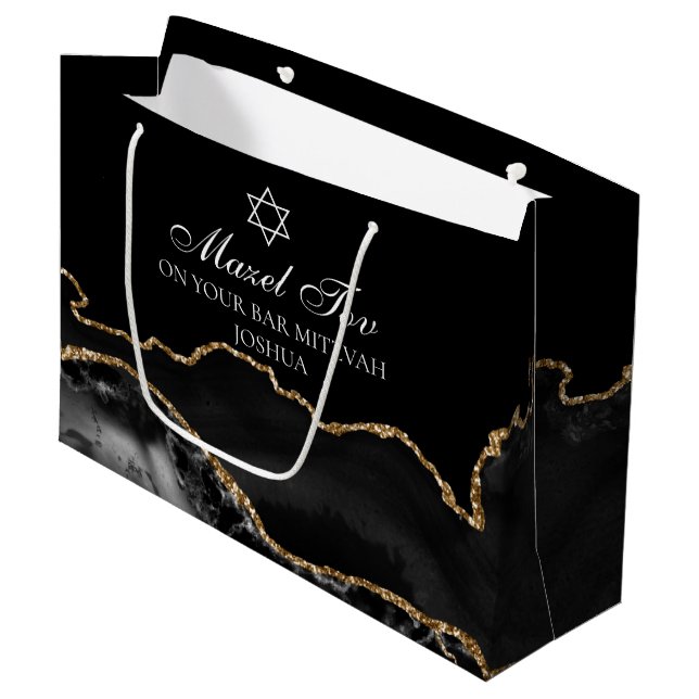 Bar Mitzvah Mazel Tov Black Gold Große Geschenktüte (Vorderseite Schrägansicht)