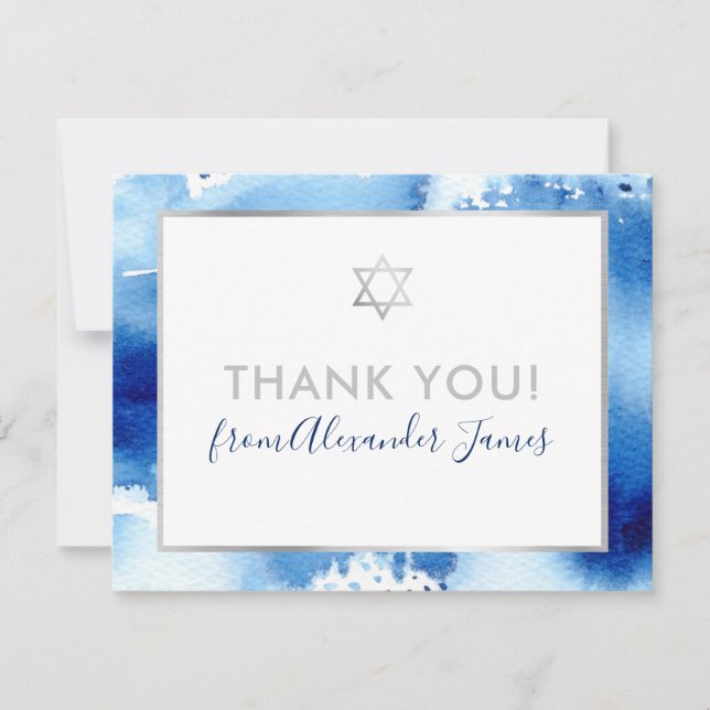 BAR MITZVAH merci argent étoile bleu aquarelle (Devant)