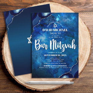 Bar Mitzvah Modern Blue Watercolor Agate Script Einladung