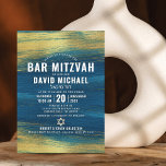 Bar Mitzvah Modern Bold Type Turquoise Gold Foil Einladung<br><div class="desc">Be proud, rejoice and showcase this milestone of your favorite Bar Mitzvah! Send out this cool, unique, modern, personalized invitation for an event to remember. Metallic gold foil brush strokes and Star of David, along with bold, white typography, overlay a rich, turquoise blue ombre paint background. Personalize the custom text...</div>