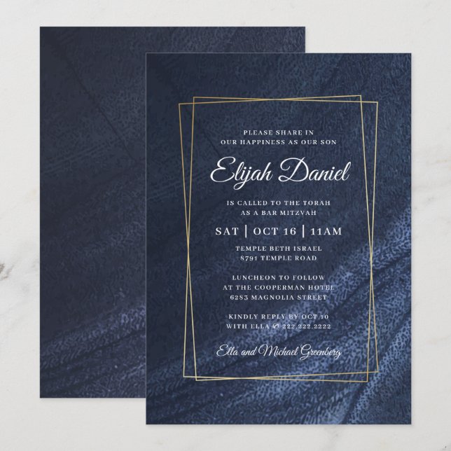 Bar Mitzvah Modern Monogram Gold Frame Einladung (Vorne/Hinten)