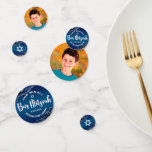 Bar Mitzvah Modern Navy Blue Ombre Agate Script Konfetti<br><div class="desc">Fügen Sie Ihrem Lieblings-Bar Mitzvah-Feier-Party einen besonderen Stil mit diesem anpassbaren Tisch Konfetti! Weiße Schrift Typografie und Stern von David überlagern einen tiefmarineblau ombre Hintergrund mit Stahlblau-Age akzentriert mit Imitaten silbernen Adern auf einer Seite. Ihr Bar Mitzvahs Foto ist auf der anderen Seite. Personalisieren Sie den benutzerdefinierten Text mit dem...</div>