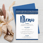 Bar Mitzvah Modern Navy Blue Silver Tallit Script Menükarte<br><div class="desc">Seien Sie stolz, freuen Sie sich und präsentieren Sie diesen Meilenstein Ihres Lieblings-Bar Mitzvah mit einer Feier, auf die Sie stolz sein können! Lassen Sie sich von dieser atemberaubenden, modernen Speisekarte mit Party verzaubern, die mit marineblauer Kalligraphie-Schrift, fettblauer und weicher grauer Typografie und einem marineblau-blauen und Imitat mit silberfarbenen, inspirierten...</div>