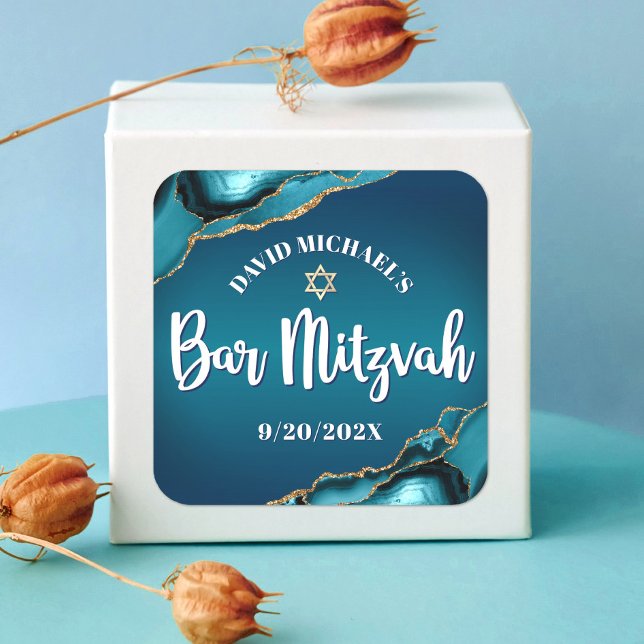 Bar Mitzvah Modern Turquoise Ombre Agate Script Quadratischer Aufkleber (Von Creator hochgeladen)