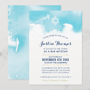 BAR MITZVAH moderne aqua bleu aquarelle invitation