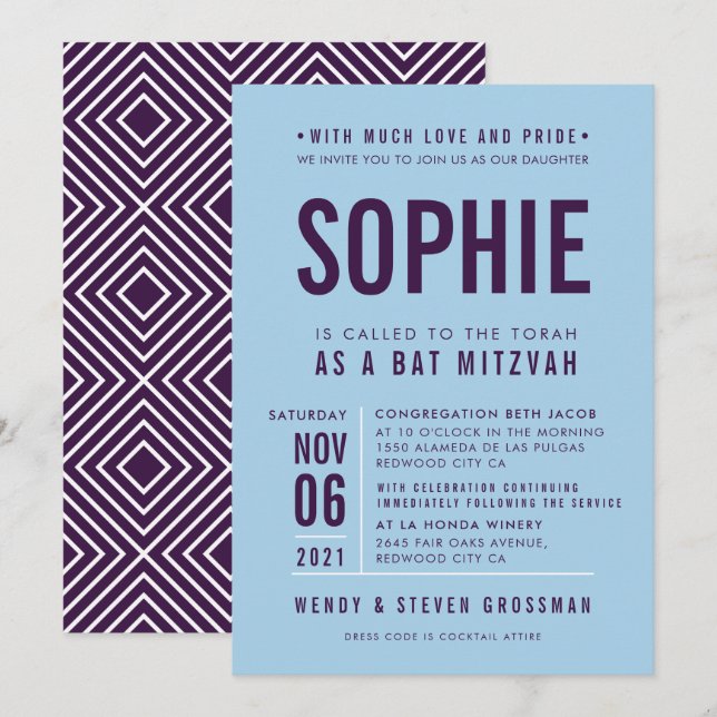 BAR MITZVAH Moderne Blockbauweise Aubergine Bluebe Einladung (Vorne/Hinten)