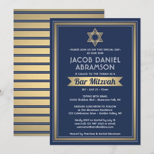 Bar Mitzvah Moderne Elegant Marine Blue White & Go Einladung (Vorne/Hinten)