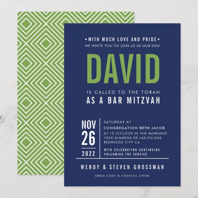 BAR MITZVAH Moderne, fette Blockmarine blau grün Einladung (Vorne/Hinten)