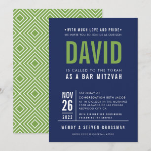 BAR MITZVAH Moderne, fette Blockmarine blau grün Einladung