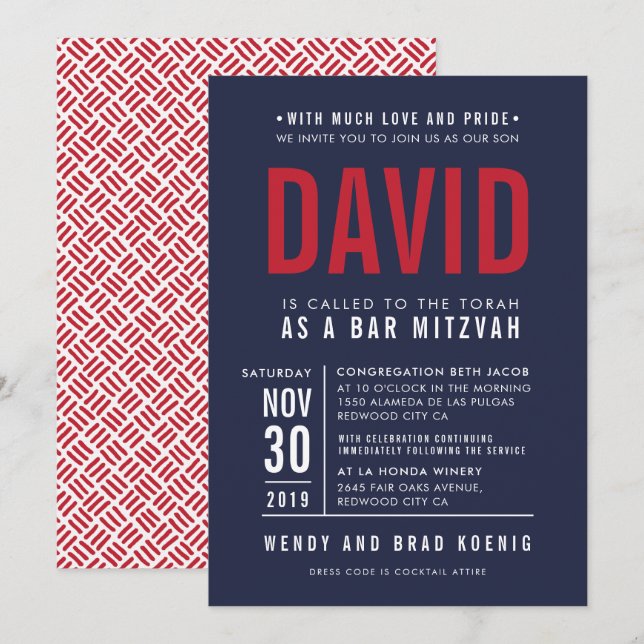 BAR MITZVAH Moderne, fette Blockmarine dunkelrot Einladung (Vorne/Hinten)