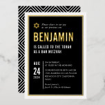 BAR MITZVAH moderne geometrische Minimalgeometrie  Folieneinladung<br><div class="desc">durch kat massard Moderne Einladung mit "glänzender Goldfolie" für die MITZVAH Kinderfeier. Einfach die Vorlage selbst aktualisieren E-Mail-Adresse für passende Elemente und alternative Farbschemas - kat@simplysweetpaperie.com</div>