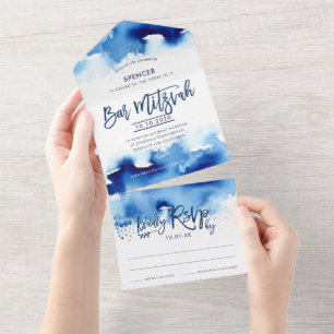 BAR MITZVAH moderne handgeschriebene blaue Wasserf All In One Einladung