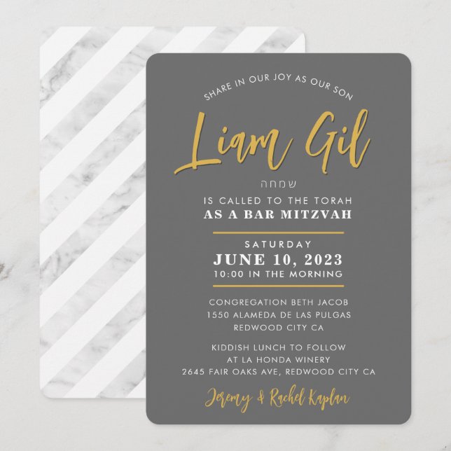 BAR MITZVAH Moderne kalligraphische Imitate Gold Einladung (Vorne/Hinten)