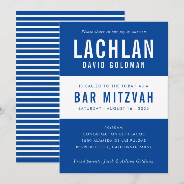 BAR MITZVAH Moderne Minimaltypografie, blau Einladung (Vorne/Hinten)