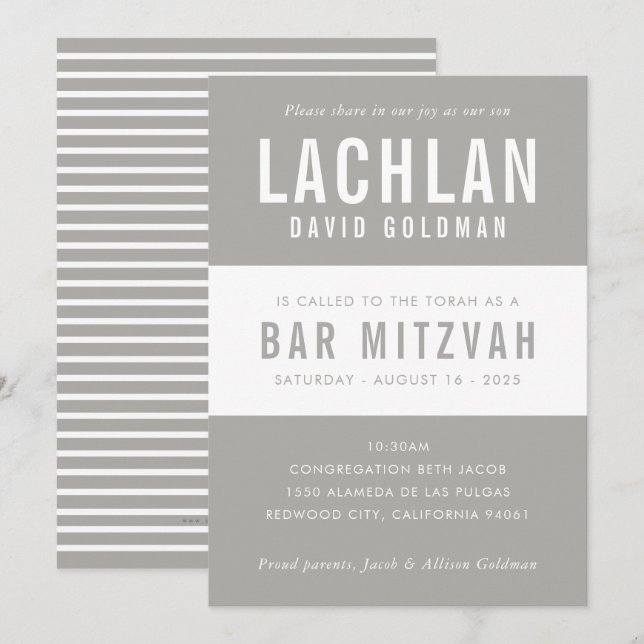 BAR MITZVAH Moderne Minimaltypografie grau Einladung (Vorne/Hinten)