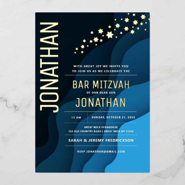 Bar Mitzvah Moderne Navy Waves Echt GOLD Foil Folieneinladung (Vorderseite)