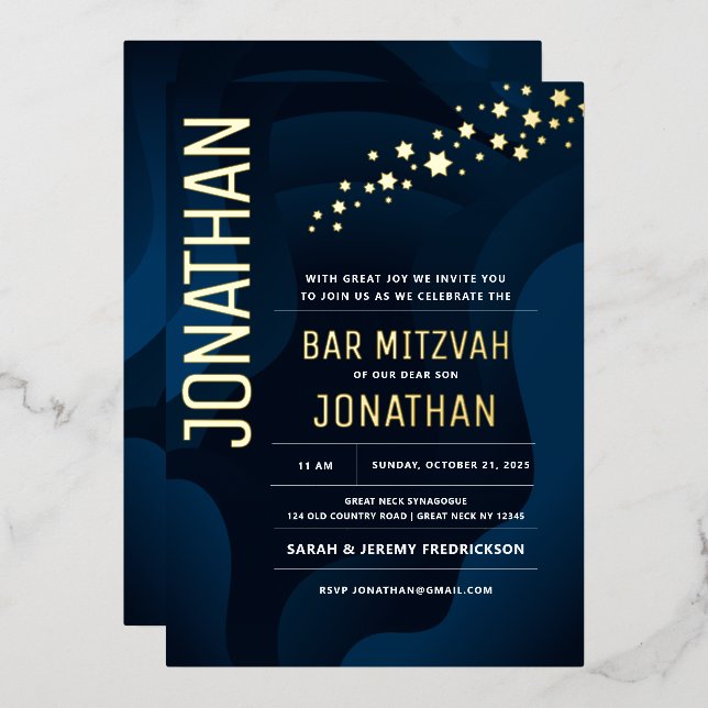 Bar Mitzvah Moderne Navy Waves ECHTGOLD Folieneinladung (Vorderseite/Rückseite)