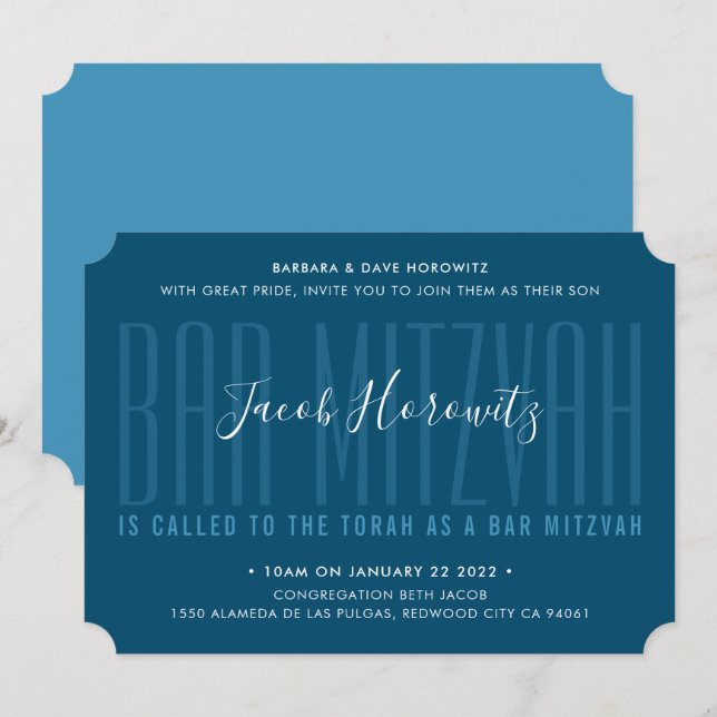 BAR MITZVAH Moderne Overlay Typ Boy Marine Blau Einladung (Vorne/Hinten)