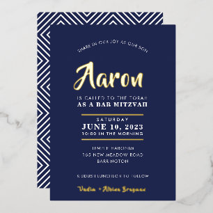 BAR MITZVAH moderne stilvolle Kalligrafie navy gol Folieneinladung